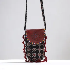 Black - Kutch Leather & Mashru Silk Sling Bag with Tassels 24